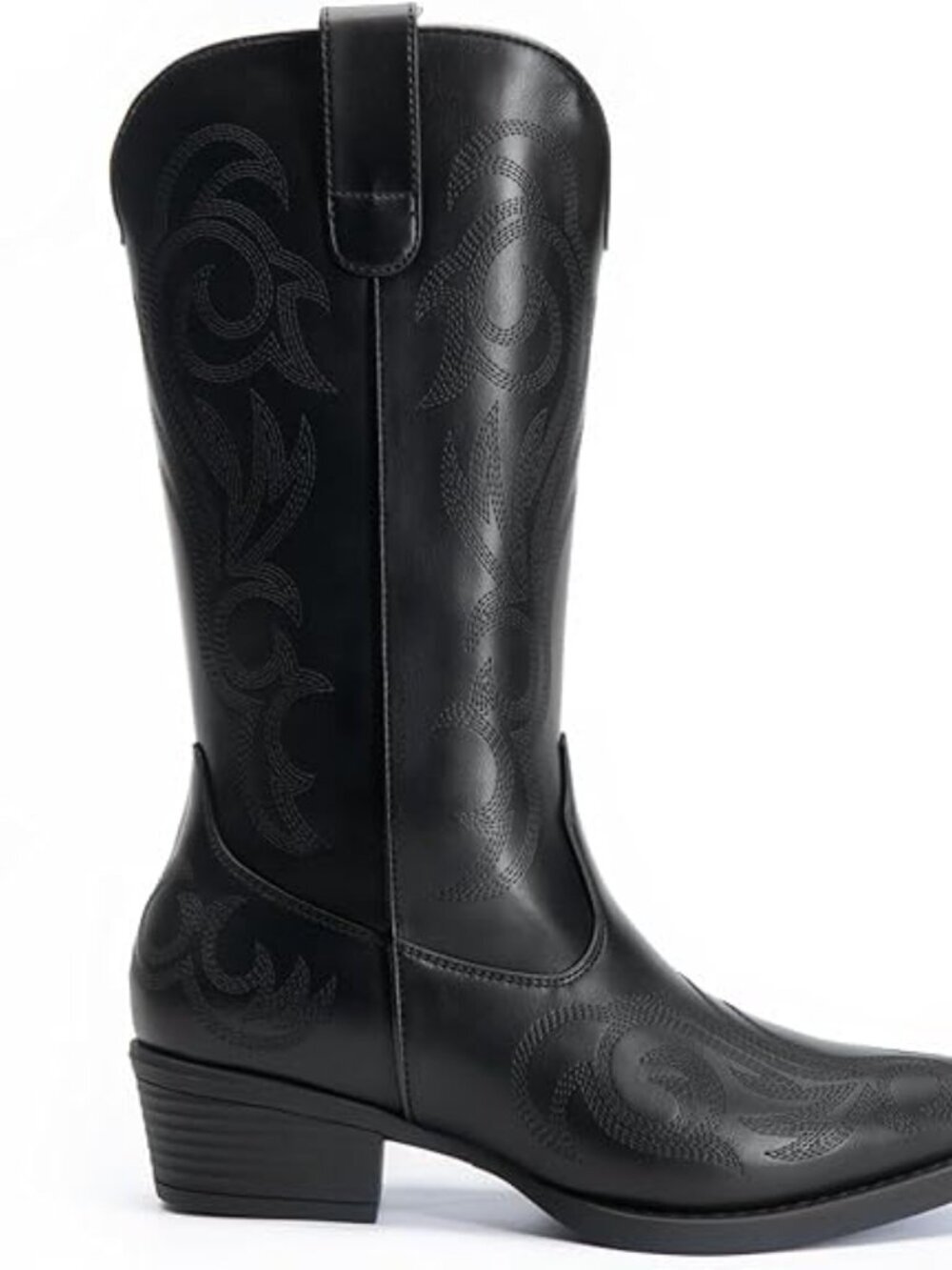 Women's Black faux leather Cowgirl Boots Square Toe Chunky Heel Stitched Boots - Picture 2 of 4
